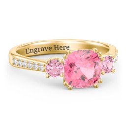 3 Stone Cushion Cut Duchess Ring with Accents in 18K Gold Plated Silver with Pink Tourmaline and White Premium Zirconia