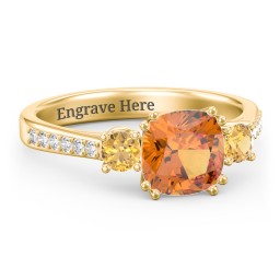 3 Stone Cushion Cut Duchess Ring with Accents in 18K Gold Plated Silver with Citrine and White Premium Zirconia