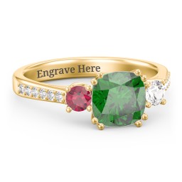 3 Stone Cushion Cut Duchess Ring with Accents in 18K Gold Plated Silver with Green Premium Zirconia, Ruby, Cubic Zirconia, and White Premium Zirconia