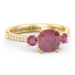 3 Stone Cushion Cut Duchess Ring with Accents in 18K Gold Plated Silver with Red Premium Zirconia, Ruby, and White Premium Zirconia