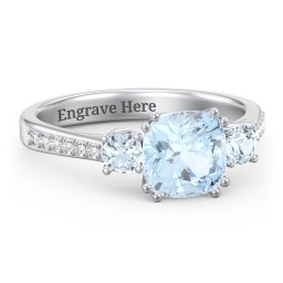3 Stone Cushion Cut Duchess Ring with Accents in 925 Sterling Silver with Aquamarine and White Premium Zirconia