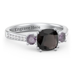 3 Stone Cushion Cut Duchess Ring with Accents in 925 Sterling Silver with Smokey Quartz, Alexandrite, and White Premium Zirconia