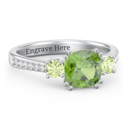 3 Stone Cushion Cut Duchess Ring with Accents in 925 Sterling Silver with Peridot and White Premium Zirconia