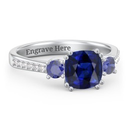3 Stone Cushion Cut Duchess Ring with Accents in 925 Sterling Silver with Blue Sapphire and White Premium Zirconia