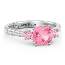 3 Stone Cushion Cut Duchess Ring with Accents in 925 Sterling Silver with Pink Tourmaline and White Premium Zirconia