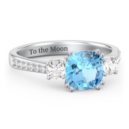 3 Stone Cushion Cut Duchess Ring with Accents in 925 Sterling Silver with Blue Topaz and Cubic Zirconia