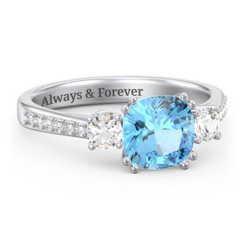 3 Stone Cushion Cut Duchess Ring with Accents – Sterling Silver with Blue Topaz, Cubic Zirconia, and White Premium Zirconia