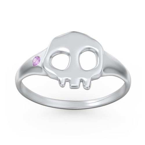 Women's Skull Signet Ring with Accent Stone – Sterling Silver with Amethyst