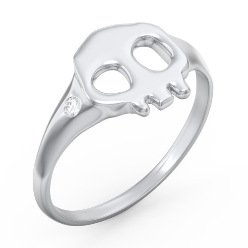 Women's Skull Signet Ring with Accent Stone – Sterling Silver with Diamond