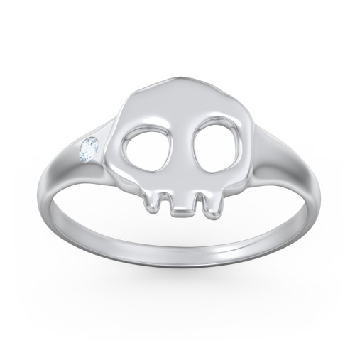 Women's Skull Signet Ring with Accent Stone – Sterling Silver with Aquamarine