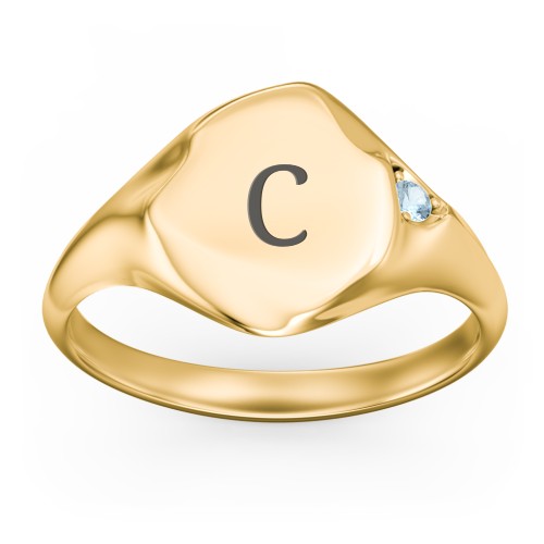 Women's Abstract Signet Ring with Accent Stone – 18K Gold Plated Silver with Blue Topaz