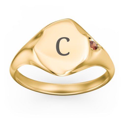 Women's Abstract Signet Ring with Accent Stone – 18K Gold Plated Silver with Garnet