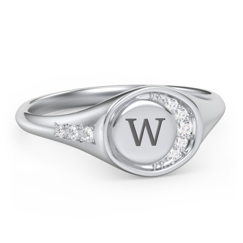 Engravable Crescent Moon and Stars Signet Ring with Accents
