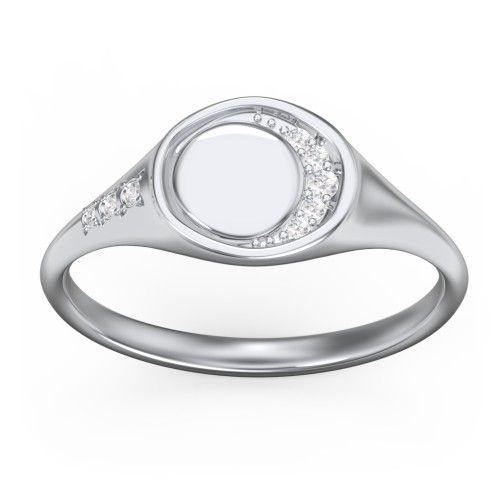 Engravable Crescent Moon and Stars Signet Ring with Accents – Sterling Silver with White Premium Zirconia