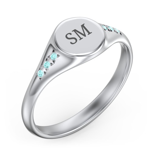 Women's Small Round Signet Ring with Accent Stones – Sterling Silver with Mint Premium Zirconia