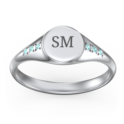 Women's Small Round Signet Ring with Accent Stones – Sterling Silver with Mint Premium Zirconia