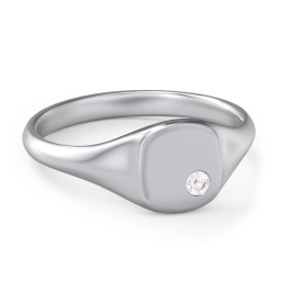Women's Small Square Signet Ring with Accent Stone in 925 Sterling Silver with Diamond