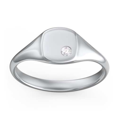 Women's Small Square Signet Ring with Accent Stone – Sterling Silver with Diamond