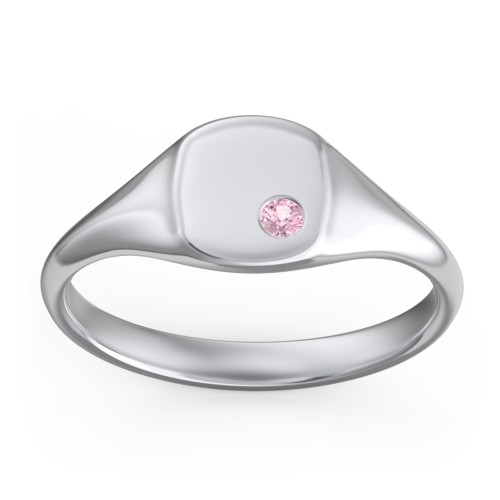 Women's Small Square Signet Ring with Accent Stone – Sterling Silver with Pink Tourmaline