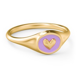 Women's Heart Signet Ring with Cold Enamel in 10K Solid Yellow Gold