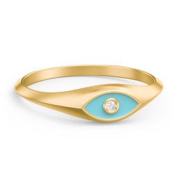 Women's Evil Eye Signet Ring with Accent Stone in 10K Solid Yellow Gold with White Premium Zirconia