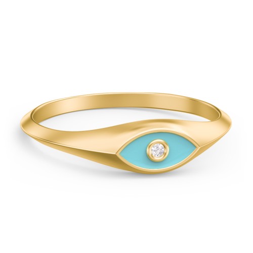 Women's Evil Eye Signet Ring with Accent Stone – 10K Yellow Gold with White Premium Zirconia