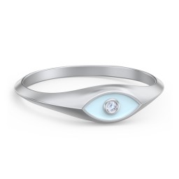 Women's Evil Eye Signet Ring with Accent Stone in 925 Sterling Silver with Fancy Blue Premium Zirconia