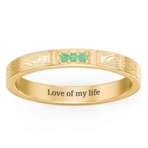 Celtic Trinity Knot Wedding Band with Accents – 10K Yellow Gold with Green Premium Zirconia