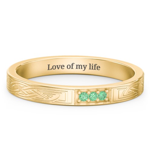 Celtic Trinity Knot Wedding Band with Accents – 10K Yellow Gold with Green Premium Zirconia