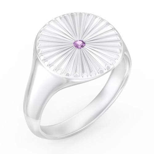 Women’s Sunburst Signet Ring with Birthstone – Sterling Silver with Amethyst