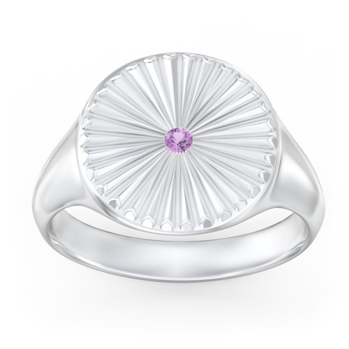 Women’s Sunburst Signet Ring with Birthstone – Sterling Silver with Amethyst