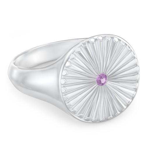 Women’s Sunburst Signet Ring with Birthstone – Sterling Silver with Amethyst