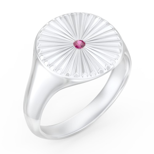 Women’s Sunburst Signet Ring with Birthstone – Sterling Silver with Ruby