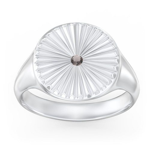 Women’s Sunburst Signet Ring with Birthstone – Sterling Silver with Smokey Quartz