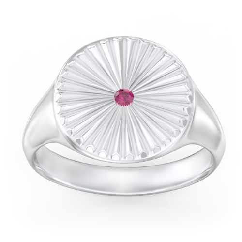 Women’s Sunburst Signet Ring with Birthstone – Sterling Silver with Ruby