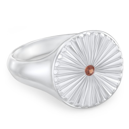 Women’s Sunburst Signet Ring with Birthstone – Sterling Silver with Garnet