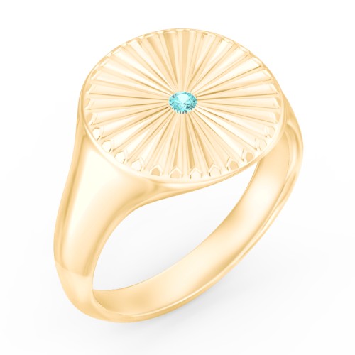 Women’s Sunburst Signet Ring with Birthstone – 10K Yellow Gold with Mint Premium Zirconia