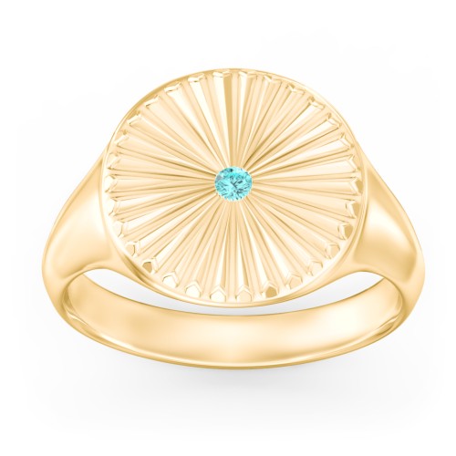 Women’s Sunburst Signet Ring with Birthstone – 10K Yellow Gold with Mint Premium Zirconia