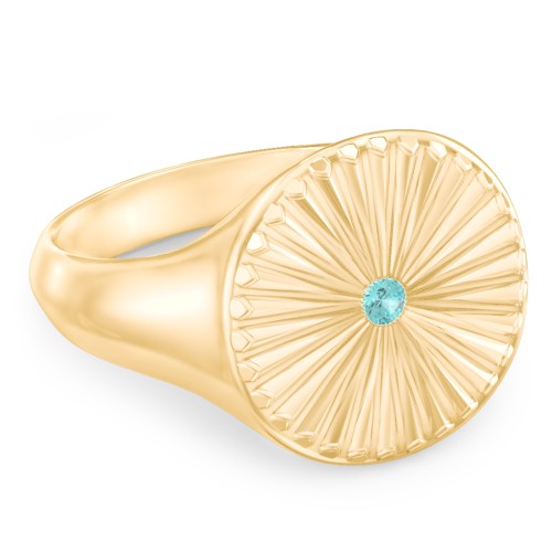 Women’s Sunburst Signet Ring with Birthstone – 10K Yellow Gold with Mint Premium Zirconia
