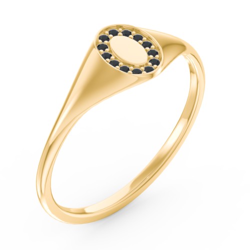 Women’s Oval Signet Ring with Accent Stones – 10K Yellow Gold with Black Diamond