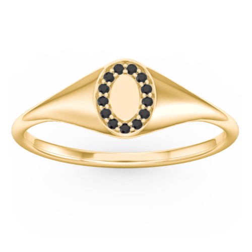 Women’s Oval Signet Ring with Accent Stones – 10K Yellow Gold with Black Diamond