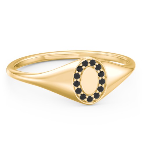 Women’s Oval Signet Ring with Accent Stones – 10K Yellow Gold with Black Diamond