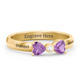 Birthstone Bow Ring with Bezeled Accent in 18K Gold Plated Silver with Amethyst and White Premium Zirconia