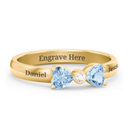 Birthstone Bow Ring with Bezeled Accent in 18K Gold Plated Silver with Blue Topaz and White Premium Zirconia