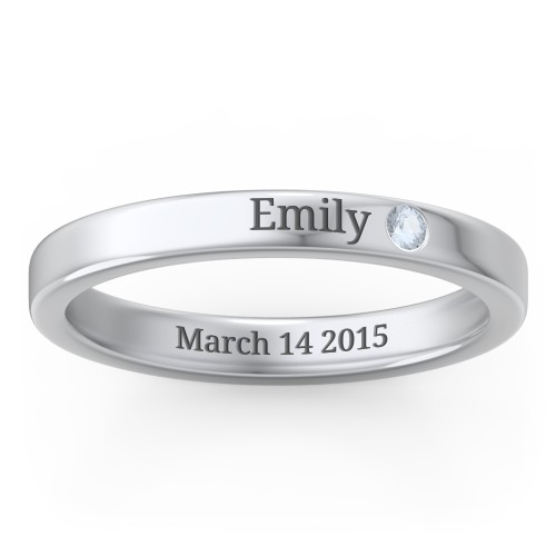 Stackable Birthstone Ring with Engraving – Sterling Silver with Aquamarine