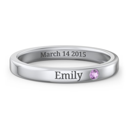 Stackable Birthstone Ring with Engraving – Sterling Silver with Amethyst