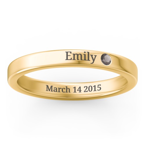 Stackable Birthstone Ring with Engraving – 18K Gold Plated Silver with Smokey Quartz