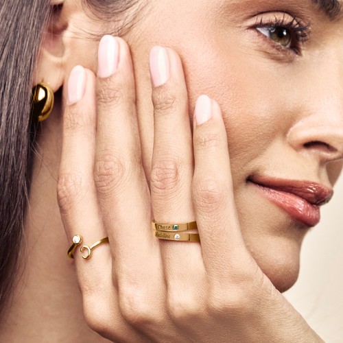 Stackable Birthstone Ring with Engraving – 10K Rose Gold with Green Sapphire