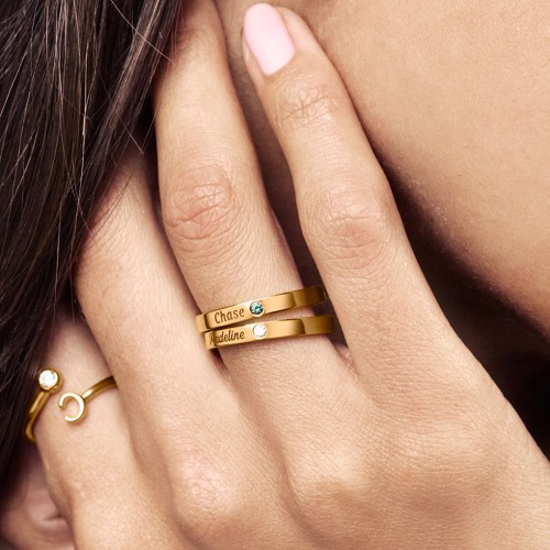 Stackable Birthstone Ring with Engraving – 10K Rose Gold with Green Sapphire