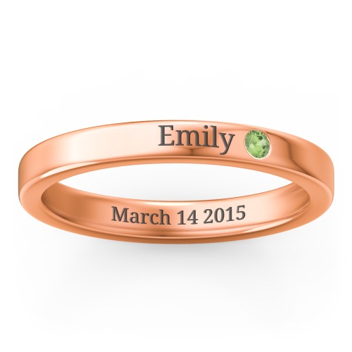 Stackable Birthstone Ring with Engraving – 10K Rose Gold with Green Sapphire
